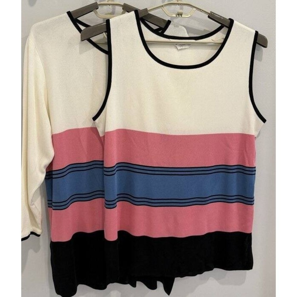 Exclusively Misook Womens Twinset Tank Cardigan Black Ivory Pink Stripe Set XL